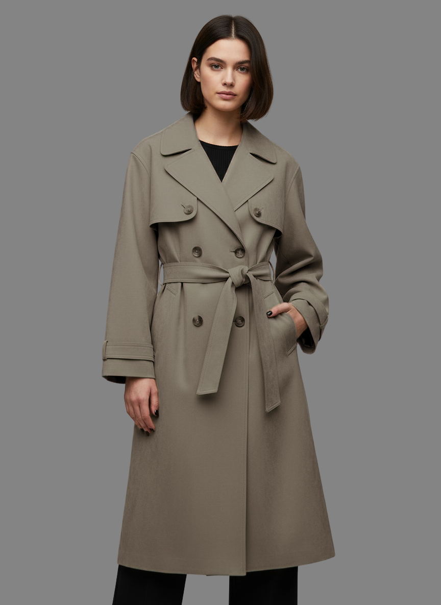 Anne Long Trench Coat with Belt in Taupe