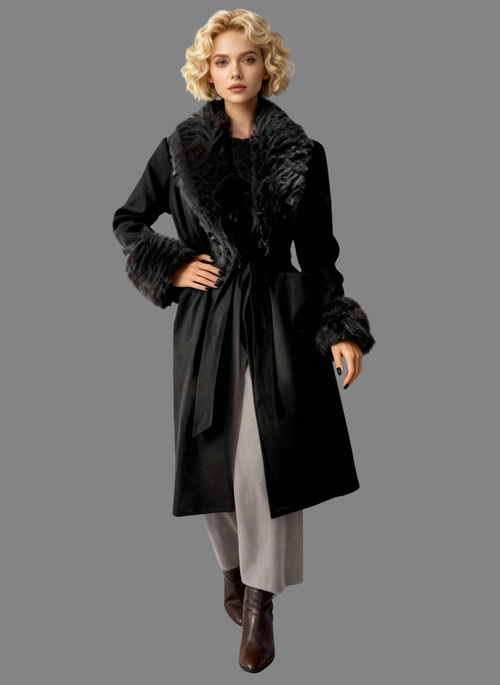 Amora Overcoat Fur Belted in Black