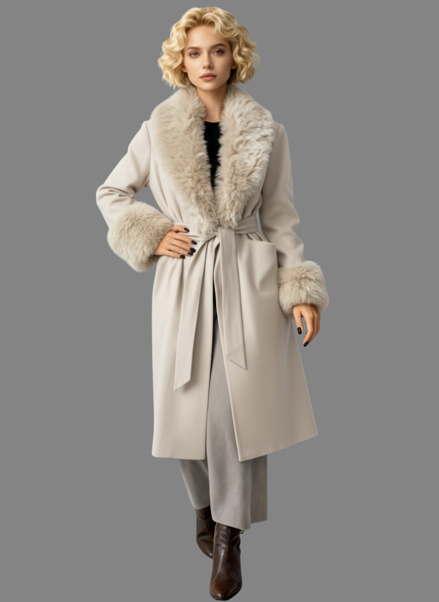 Amora Overcoat Fur Belted in Cream