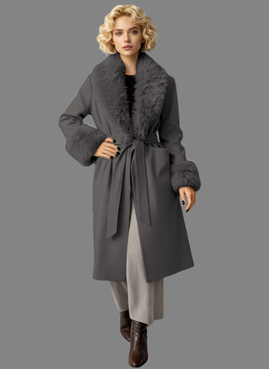 Amora Overcoat Fur Belted in Dark Grey