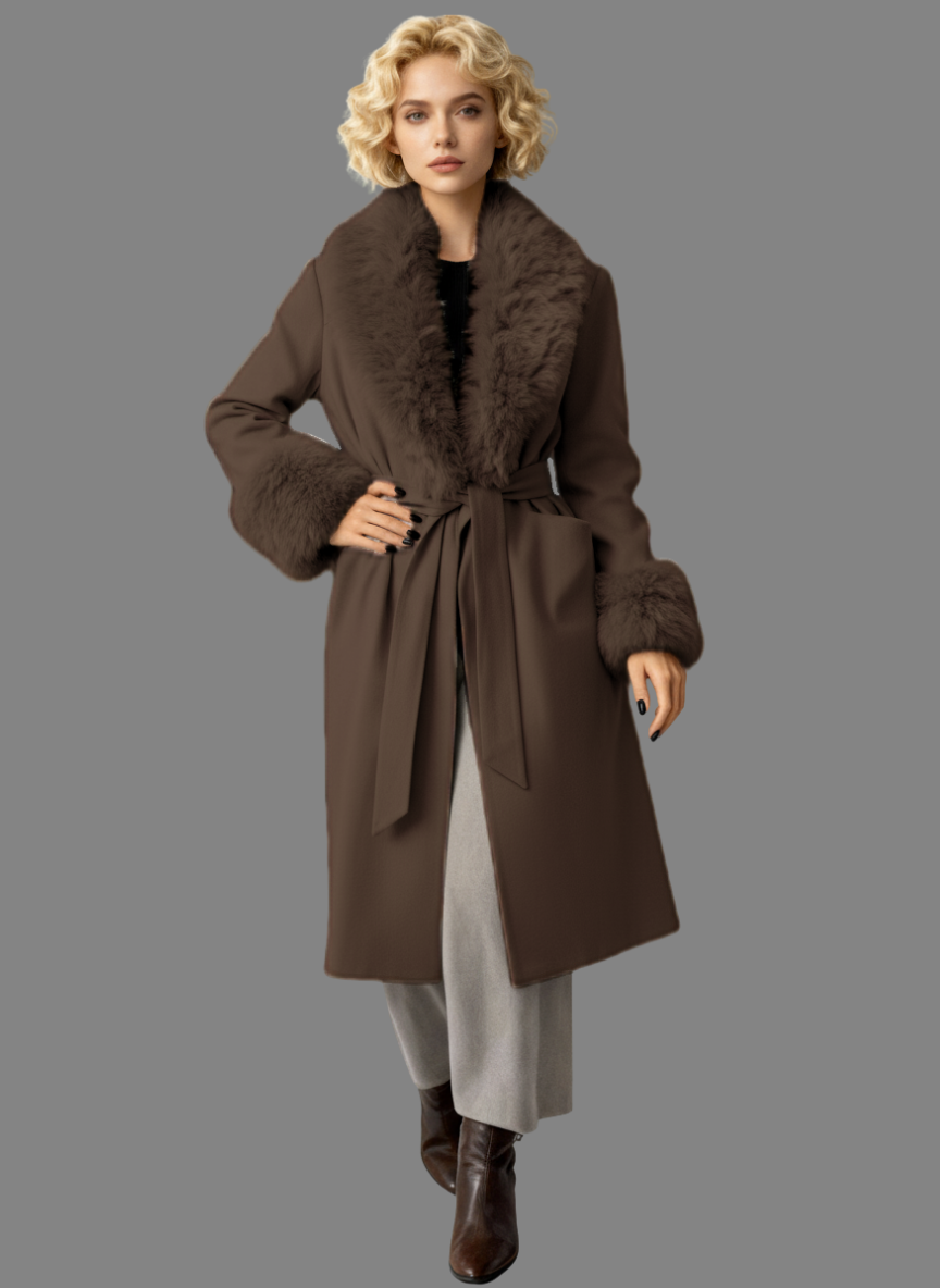 Amora Overcoat Fur Belted in Taupe