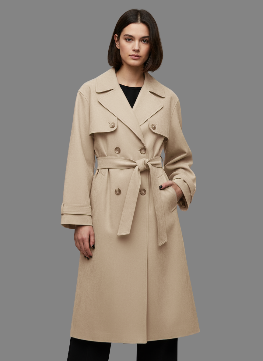 Anne Long Trench Coat with Belt in Tan