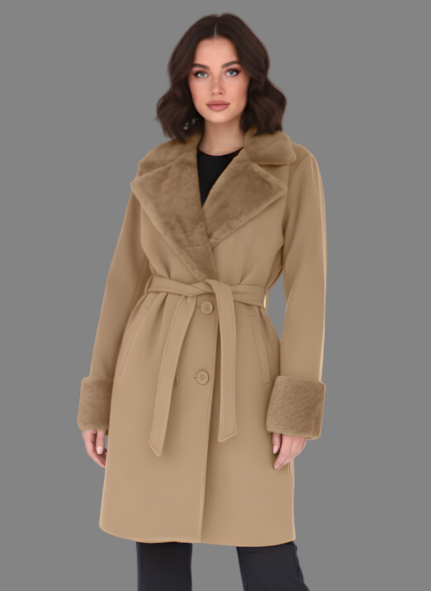 Chelsea Overcoat with Short Fur in Khaki