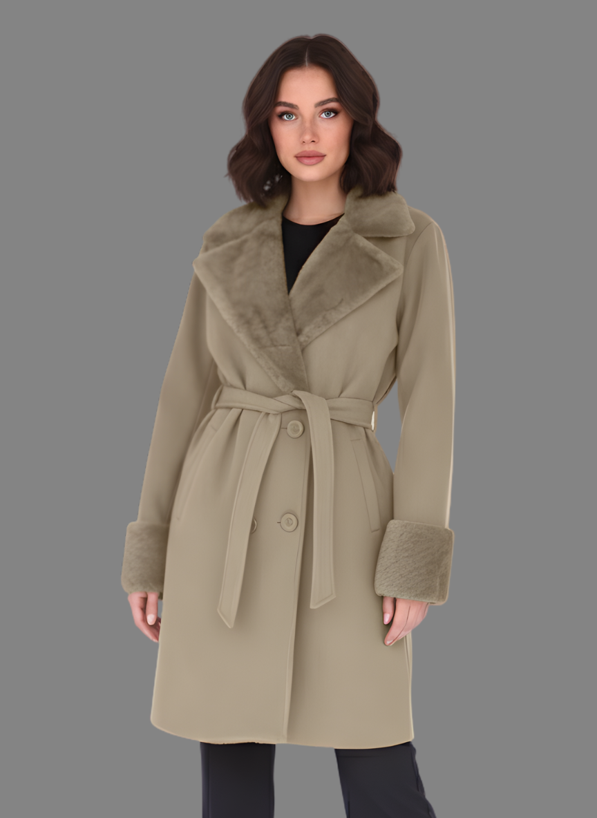 Chelsea Overcoat with Short Fur in Taupe