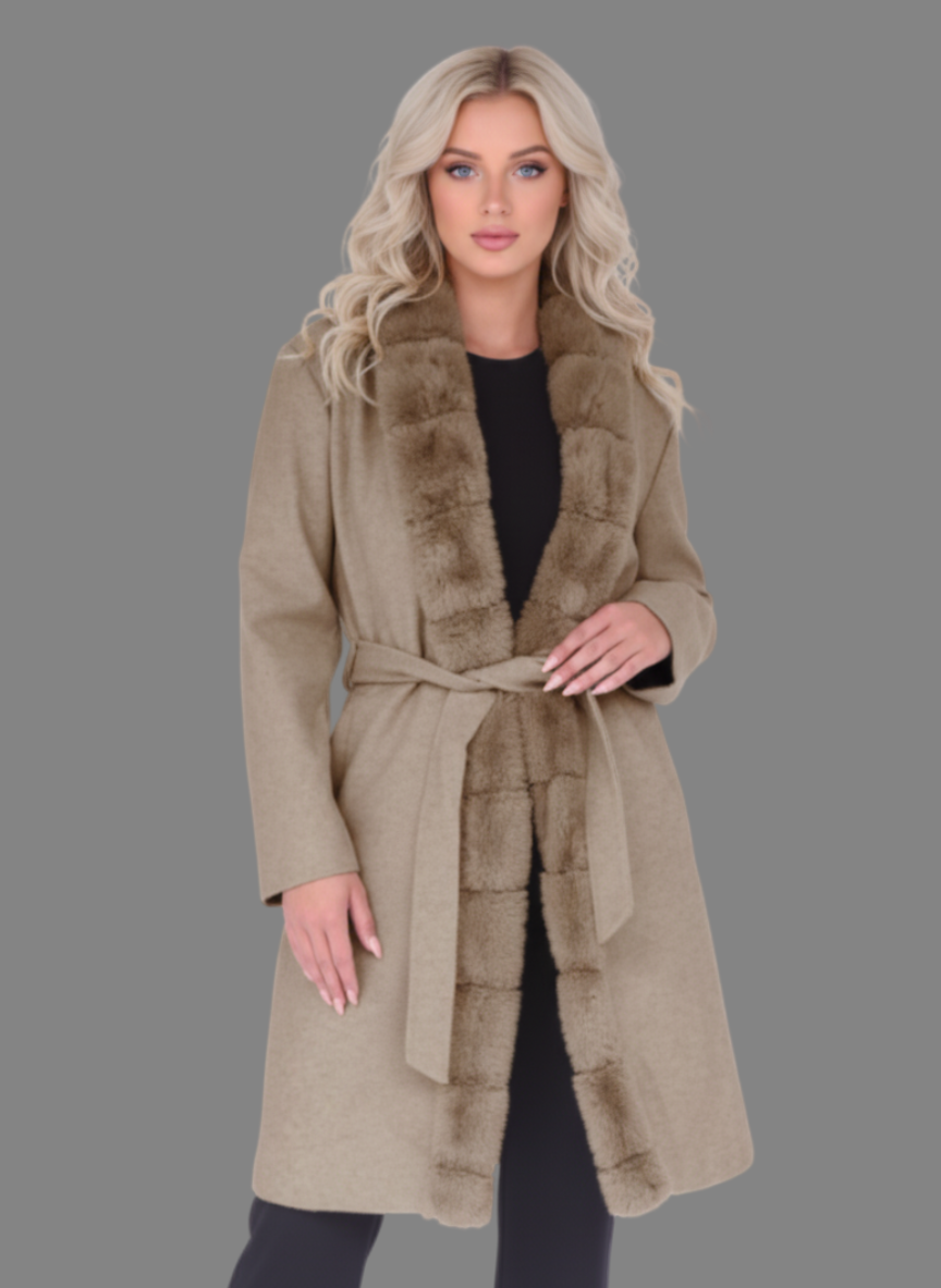 Elara Overcoat with Long Fur in Taupe