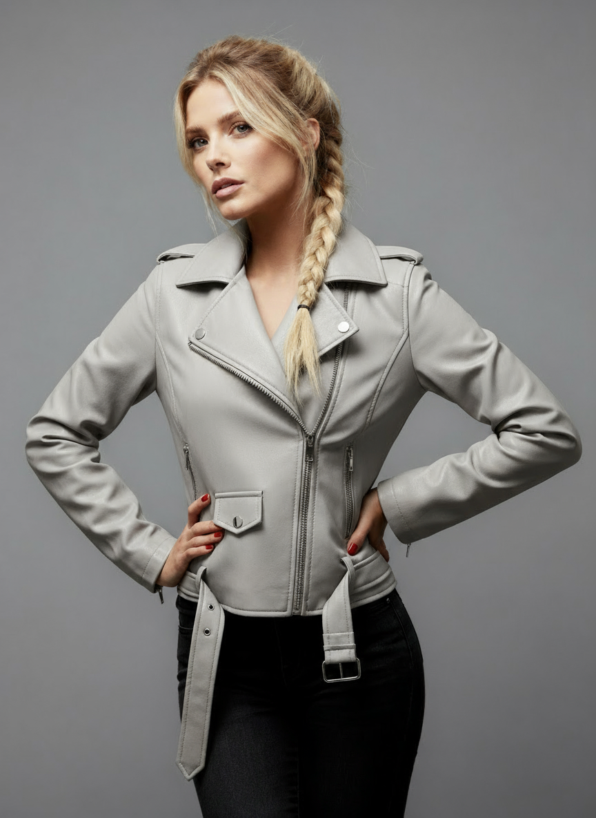 Libya Vegan Leather Moto Jacket in Grey