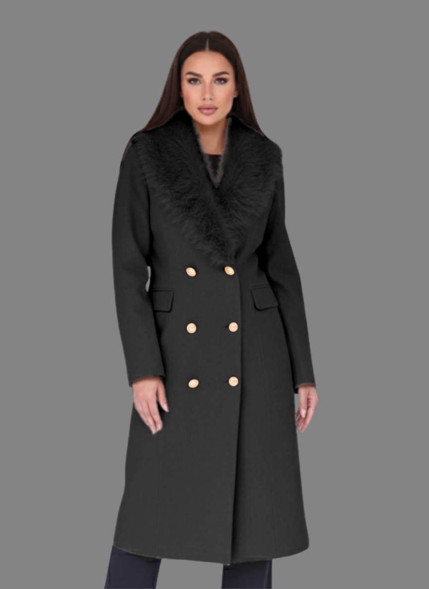 Maine Overcoat with Long Fur Collar in Black