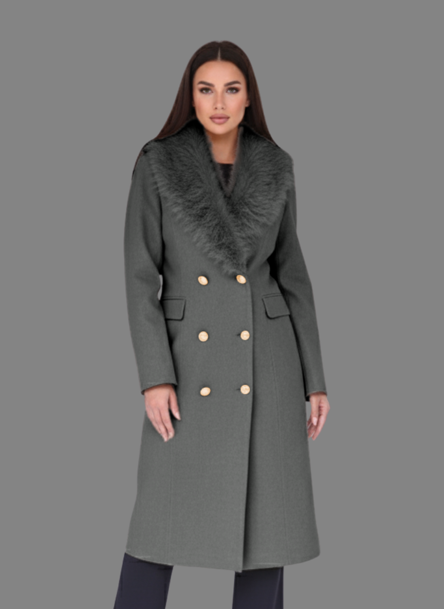 Maine Overcoat with Long Fur Collar in Dark Grey