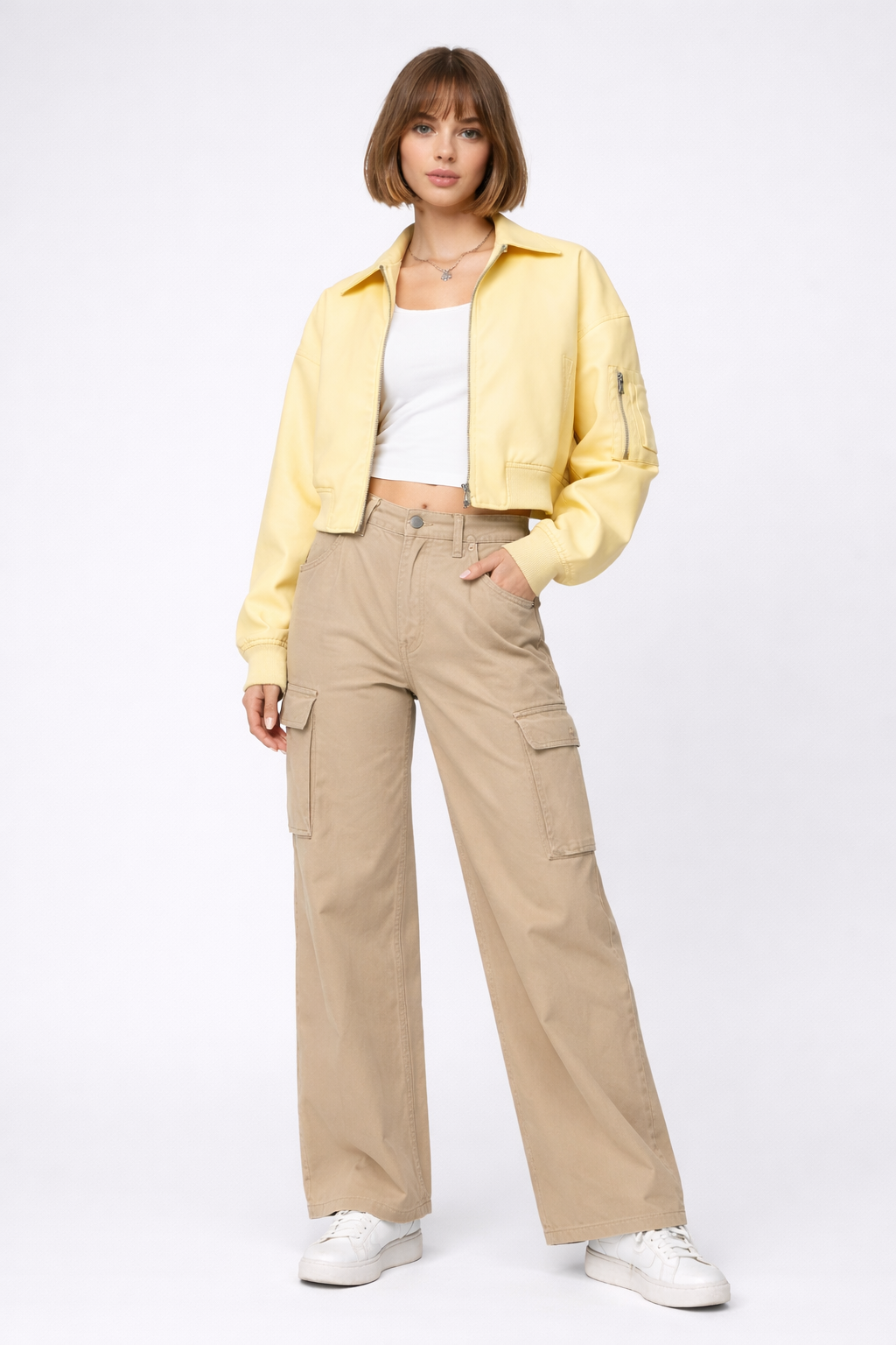Carmenita Cropped Faux Leather Bomber Jacket