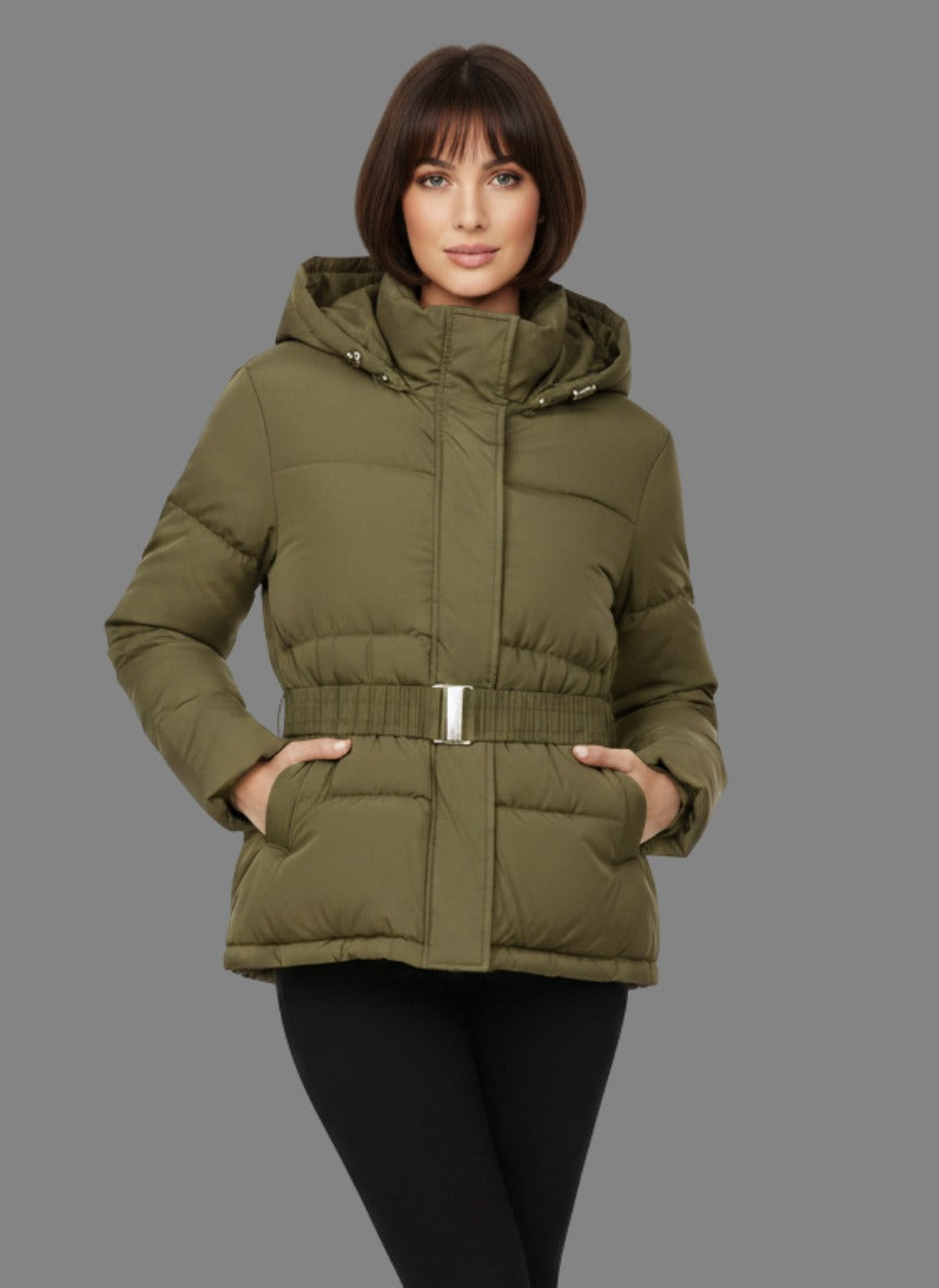 Isabella Hooded Puffer Jacket in Olive Green